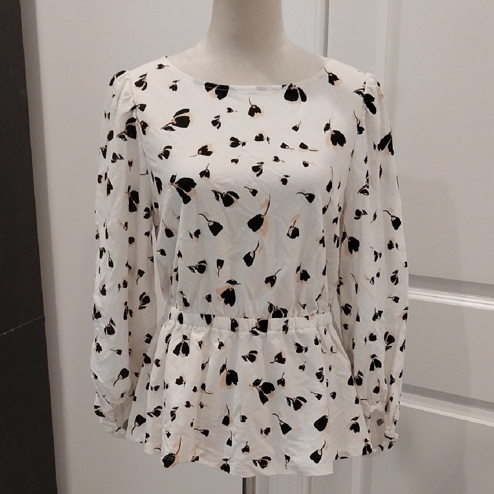 Ann Taylor White Blouse with Black and Cream Floral Print